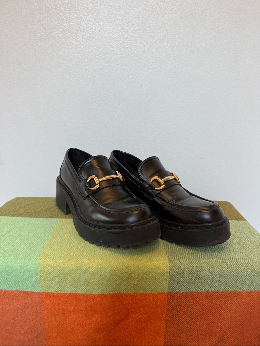 Steve Madden Black Platform Loafers with Gold Bit
